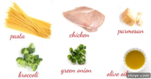 Rich Miso Chicken Pasta 3 A flat lay of ingredients for Creamy Miso Chicken Pasta, including dried pasta, broccoli florets, olive oil, chicken breasts, butter, a container of miso paste, Greek yogurt, shredded Parmesan, and green onions.