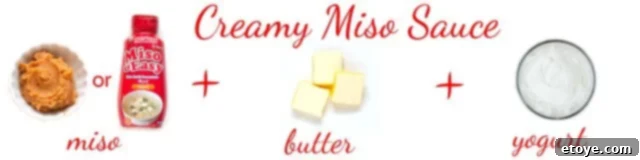 Miso Chicken Pasta Sauce Ingredients Ingredients for the creamy miso sauce: butter, a dollop of miso paste, and a container of Greek yogurt, neatly arranged.