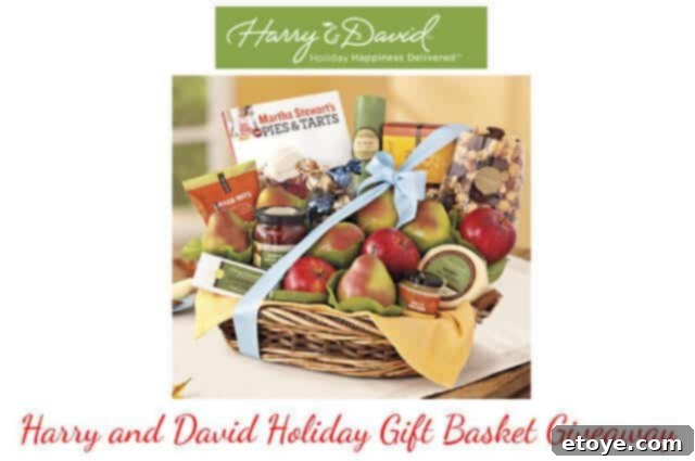 A beautifully arranged Harry & David Harvest to Holidays gift basket, featuring premium pears, chocolates, and savory snacks.