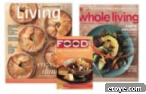 Stack of Martha Stewart magazines: Living, Whole Living, Everyday Food.