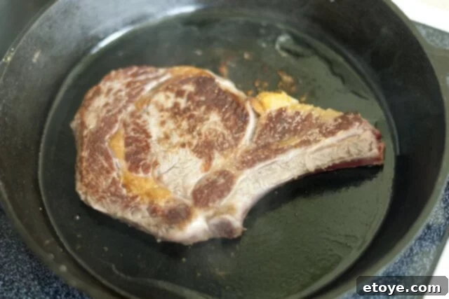 Orange Miso Steak Cooking_1 Searing steak in a hot cast iron skillet