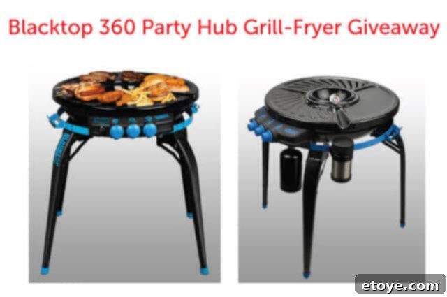 Blacktop 360 Grill-Fryer in action at a tailgate party with food