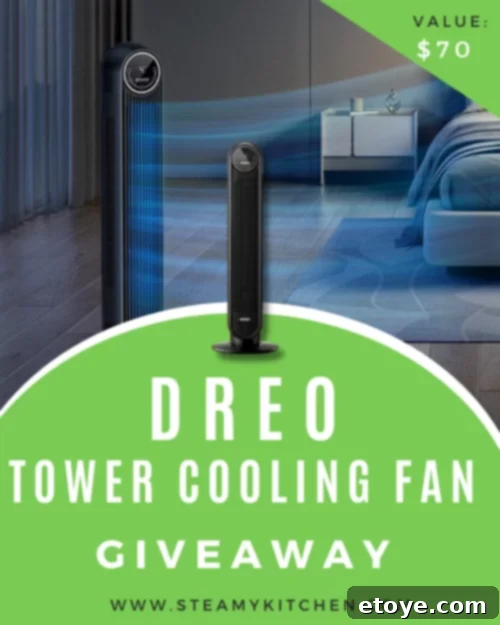 Dreo Tower Cooling Fan Giveaway - A sleek, modern black tower fan with a minimalist design.
