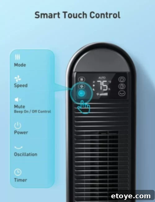 Dreo Tower Cooling Fan in a modern living room setting, providing comfortable air circulation.