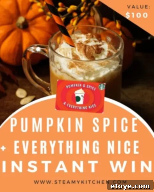 Pumpkin Spice & Everything Nice Instant Win 2 Starbucks Pumpkin Spice Instant Win Giveaway promotion with festive fall imagery
