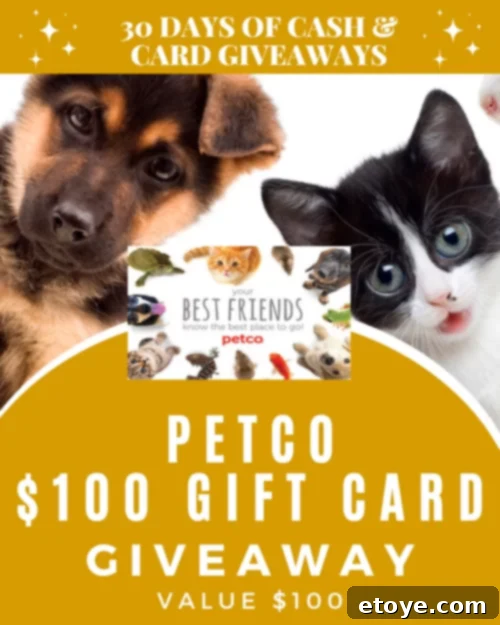 DAY 27: $100 Petco Gift Card Giveaway - A variety of pet food bags and essentials, representing the prize value.