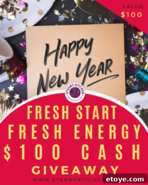 A festive image celebrating the New Year, featuring elements of fresh starts and the excitement of a cash giveaway.