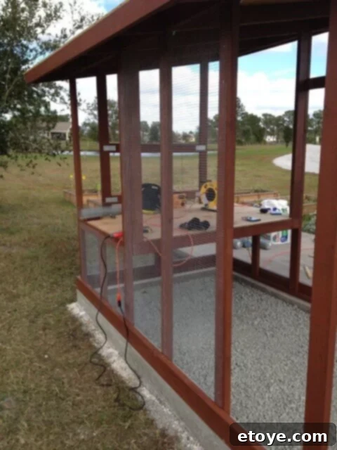 Chicken Coop Floor and Hardware Cloth Plywood coop floor installed, with hardware cloth being attached to the framing.