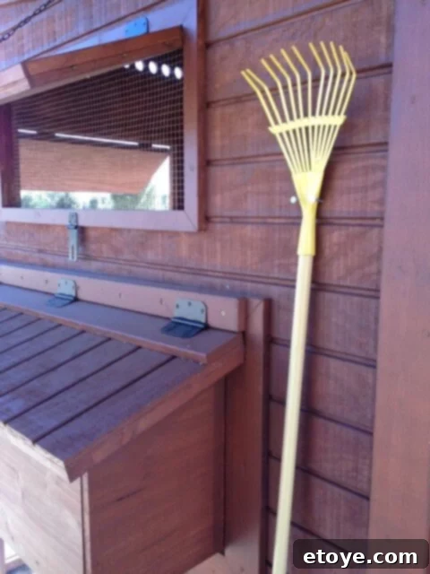Convenient Coop Rake Small child's rake hanging on the exterior of the chicken coop for easy access.