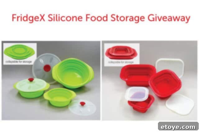 FridgeX Silicone Food Storage Containers shown both expanded and collapsed, highlighting their vibrant colors and innovative space-saving design.