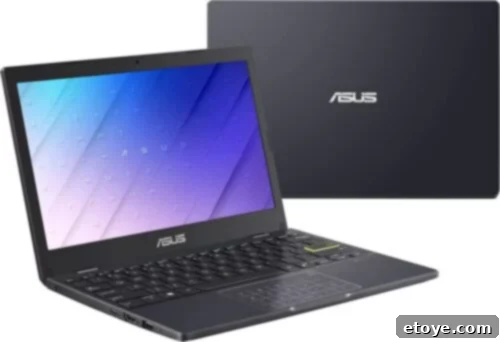 ASUS Notebook 11.6 inch laptop open, displaying a vibrant screen