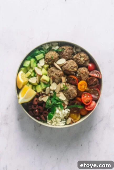 Zesty Greek Meatball Bowls with Lemon Tahini 2 Top View of Greek Meatball Bowl
