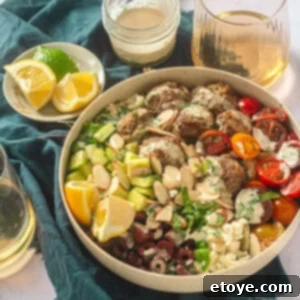 Zesty Greek Meatball Bowls with Lemon Tahini 4 Greek Meatball Bowl With Lemon Tahini Drizzle with drinks and lemons