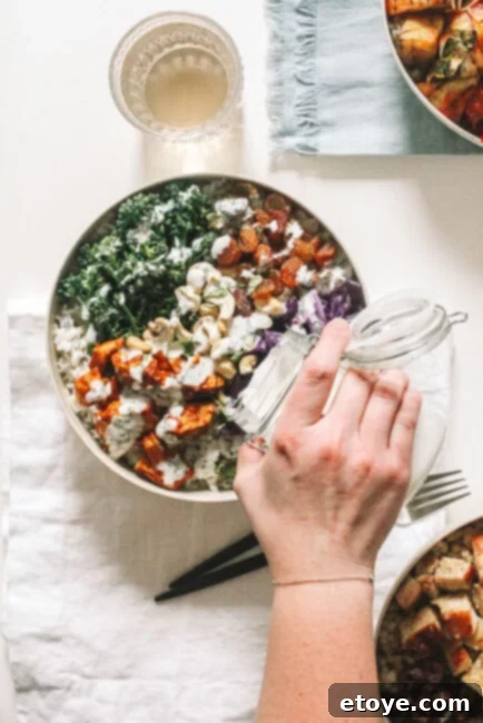 Tandoori Chicken Bowl with Cooling Mint Yogurt 3 Top view of the Chicken Tandoori Bowl with Minty Indian Yogurt Dressing drizzled on top