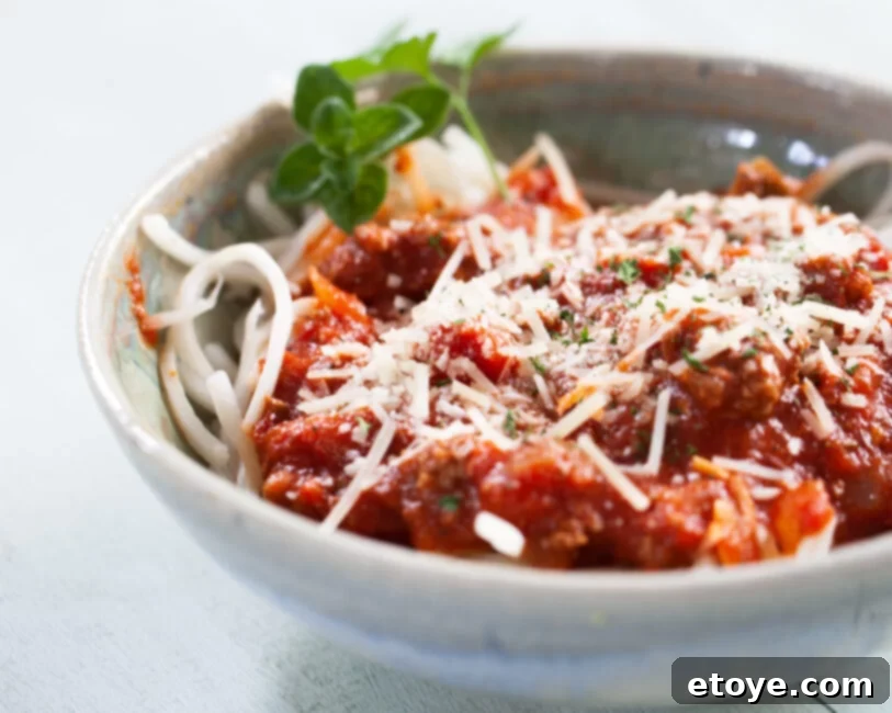 Legendary Spaghetti Sauce served with pasta and fresh basil
