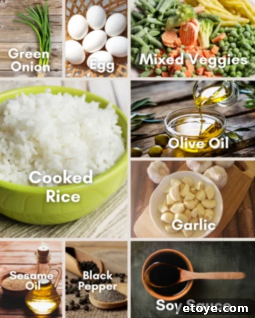 Simple, Quick 10-Minute Vegetable Fried Rice Recipe Ingredients Laid Out