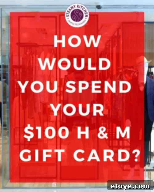 Close-up of a $100 H&M gift card against a soft-focus background of fashion items