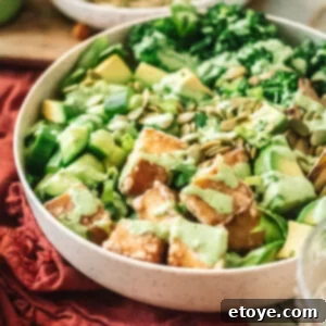 Green Goddess Tofu Bowl, a close-up of the finished dish with creamy dressing