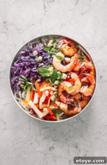 Top Down View of The Vietnamese Shrimp Noodle Bowl
