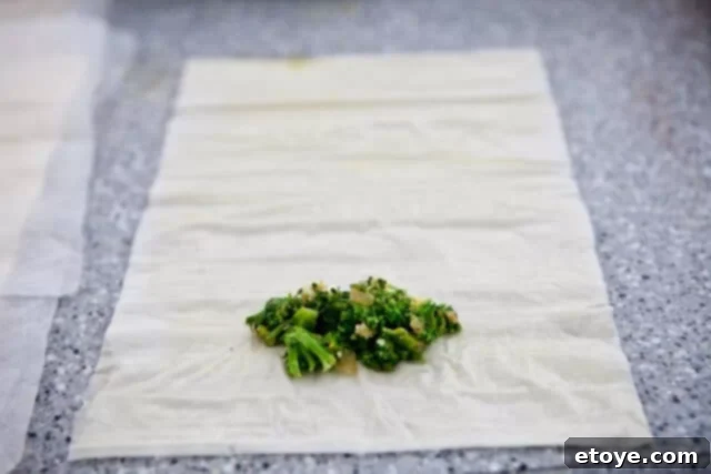 Flaky Broccoli Feta Spanakopita 4 Layering Filo Dough and Adding Broccoli Filling
