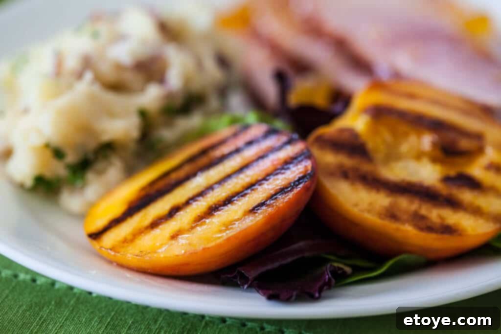 Ham with Grilled Peaches Recipe close up of Ham recipe with Grilled Peaches Recipe