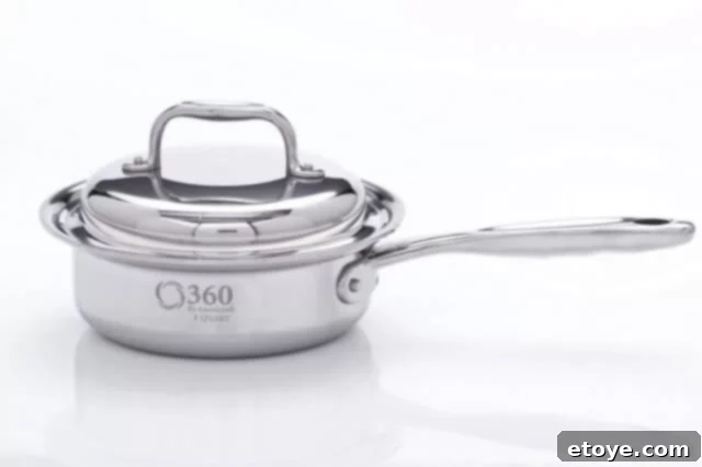 Close-up of the 360 Cookware 1-Quart Stainless Steel Saucepan with Cover, the prize for the giveaway.