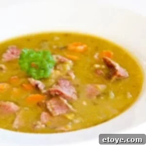Close-up of a bowl of split pea and ham soup