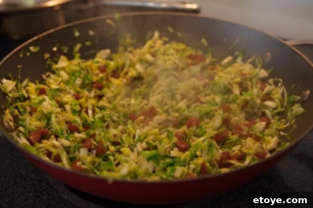 Stir-fried Brussels Sprouts with Chinese Sausage 9 Tossing Brussels Sprouts and Chinese Sausage