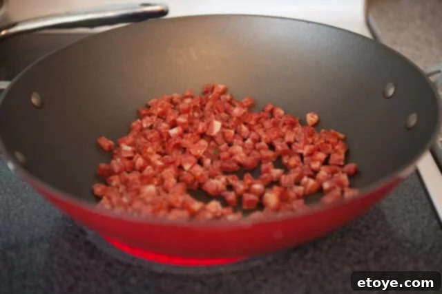 Stir-fried Brussels Sprouts with Chinese Sausage 3 Diced Chinese Sausage in Cold Pan