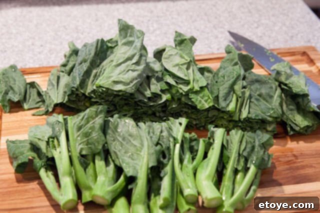 Chinese Broccoli Garlicky Ginger Miso Sauce Recipe Chinese Broccoli on chopping board