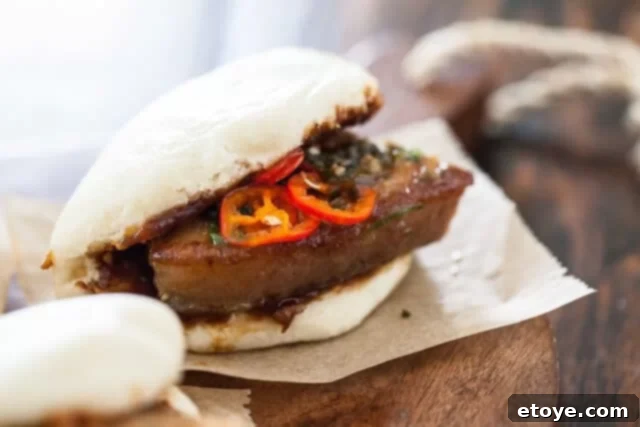 Ready to Enjoy Your Homemade Pork Belly Buns Enjoy Pork Belly Buns - A hand holding a finished pork belly bun