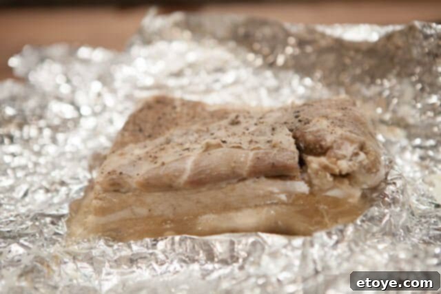 Perfectly Chilled Roasted Pork Belly Cooked Pork Belly after Refrigeration - Chilled, roasted pork belly ready for slicing