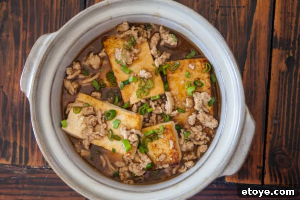 Chinese Braised Tofu with Ground Pork in a bowl, ready to serve
