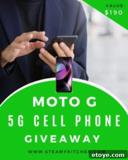 Win a Moto G 5G Smartphone 2 Moto G 5G cell phone giveaway banner, featuring the sleek design of the smartphone highlighting its modern aesthetics
