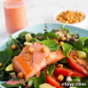 Sun-Kissed Strawberry Herb Vinaigrette 5 Fresh salmon salad plate with chickpeas, lettuce, and strawberry dressing