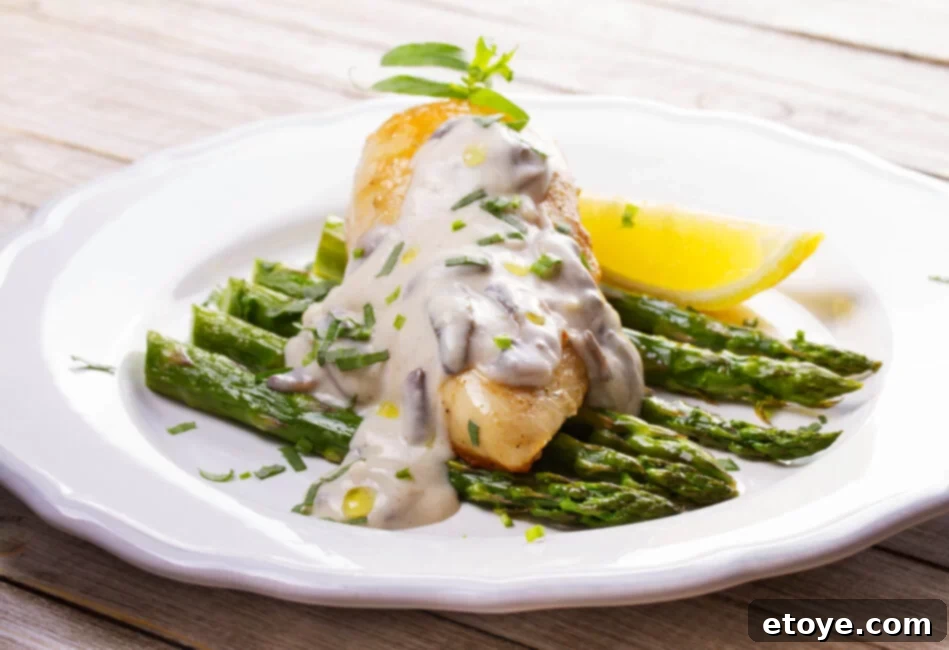 Tarragon Yogurt Dressing 4 Fried chicken breast on a bed of asparagus, beautifully drizzled with tarragon dressing and served with mushrooms