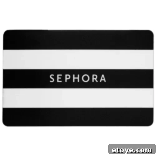Win Big The 10 Essential Gift Cards of 2023 Giveaway 11 A chic black and white striped Sephora Gift Card, accentuated with the elegant white Sephora logo at its center, encapsulating the allure and sophistication of the beauty world.