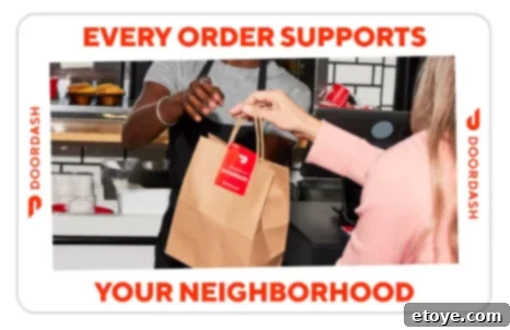 Win Big The 10 Essential Gift Cards of 2023 Giveaway 12 A pristine white DoorDash Gift Card depicting a restaurant employee handing over a delectable food bag to an awaiting woman, symbolizing prompt service and culinary delight.