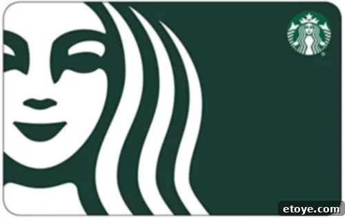 Win Big The 10 Essential Gift Cards of 2023 Giveaway 6 A vibrant green Starbucks Gift Card featuring the iconic mermaid face logo, representing a world of delightful coffee experiences.