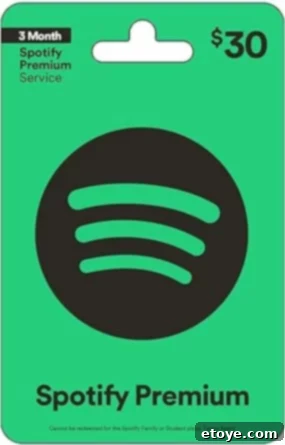 Win Big The 10 Essential Gift Cards of 2023 Giveaway 8 A vibrant green Spotify Premium Gift Card adorned with the distinctive black Spotify audio logo, encapsulating a universe of melodies and harmonies.