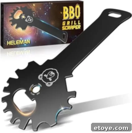 HELEMAN BBQ Grill Scraper with multiple cleaning notches, accompanied by its packaging that displays a fiery design and the brand name.