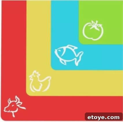 Set of four vibrant cutting mats in red, yellow, blue, and green, each featuring a white food icon: a cow on red, a chicken on yellow, a fish on blue, and a tomato on green.