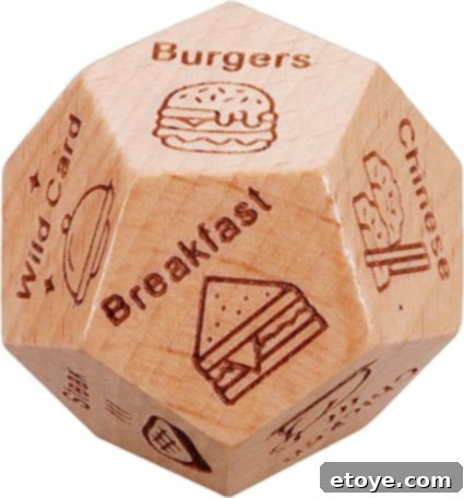 Wooden decision dice showcasing various meal options engraved on each side, including 'Burgers', 'Breakfast', 'Chinese', and a playful 'Wild Card' option.