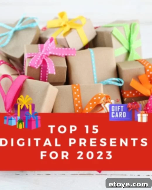 Explore the top 15 digital presents for 2023, featuring a vibrant collage of digital gift ideas including streaming services, online courses, and gaming subscriptions, all easily delivered without packaging.