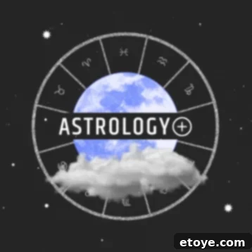 Circular logo for Astrology+ showcasing zodiac symbols with a blue moon in the center, surrounded by clouds and stars on a dark background, representing cosmic wisdom and personalized insights.