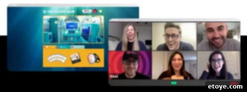 Interactive virtual escape room from The Escape Game, showing a futuristic room setup with digital screens, an inventory section at the bottom, and a live video call window with enthusiastic participants, emphasizing cooperative fun.