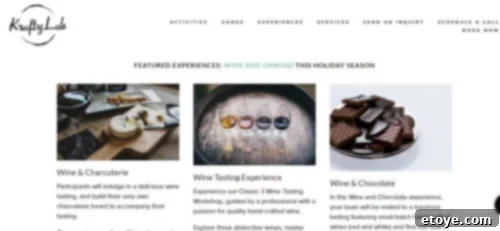 KraftyLab's website showcasing three of their featured virtual experiences: 'Wine & Charcuterie' with a glass of red wine next to a charcuterie board, 'Wine Tasting Experience' displaying three wine glasses, and 'Wine & Chocolate', highlighting diverse team-building options.