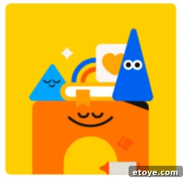 Colorful Headspace graphic with triangle characters, smiling, and surrounding a content square character, symbolizing joy, calm, and mindfulness through meditation.