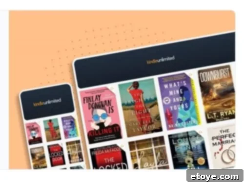 Digital display showcasing a variety of book covers available on Kindle Unlimited, including titles like 'Finlay Donovan Is Killing It' and 'Brighter by Night', set against an orange and blue gradient background, representing an endless library.