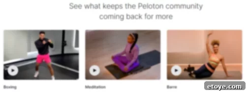 Three thumbnails showcasing the variety in Peloton workouts: A male instructor in a boxing stance, a female instructor sitting peacefully for meditation, and another female instructor striking a pose during a Barre class, illustrating diverse fitness options.